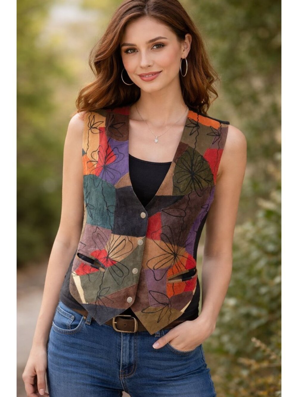 AJ Professional Geninue Leather Vintage Colorful Vest Size L Western Cowgirl